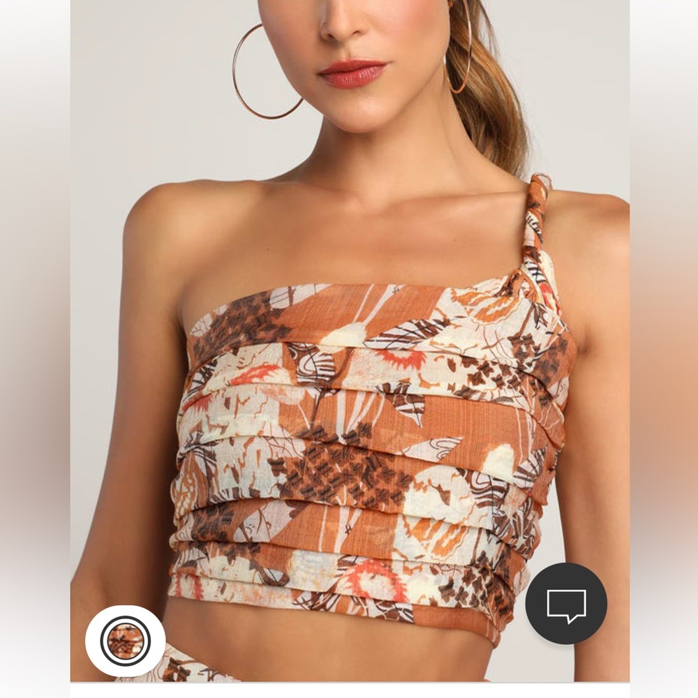 Lulus Something Wild Brown Multi Print Pleated One Shoulder Crop Top